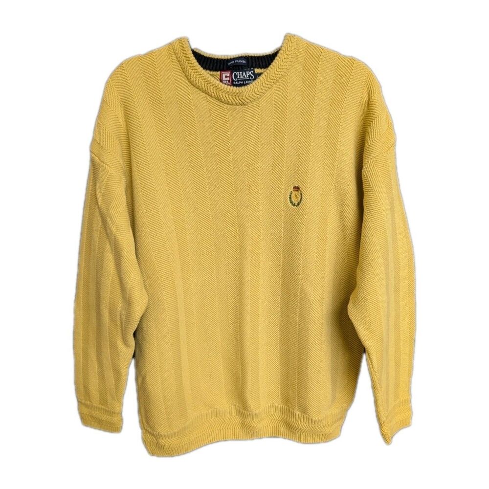 Vintage Chaps Ralph Lauren Sweater Mens Large Yellow Crest 90s Knit Pullover EUC